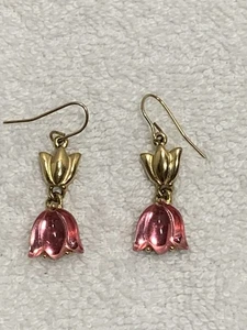 Schöne Trifari Vintage goldfarbene rosa Plexiglas Tulpe Ohrhänger Ohrhänger - Bild 1 von 4