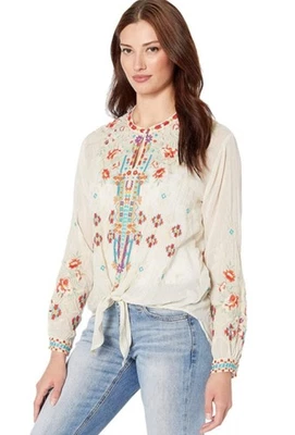 Túnica Johnny Was Para Mujer X-Pequeña Crema Donya Top Bordada Floral Glamour Boho Foto 1 de 4