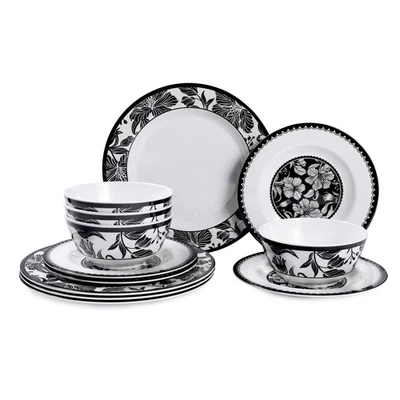 Juegos de vajilla de melamina 12 piezas - Juego de platos y cuencos de melamina flor negra lil... Foto 1 de 4