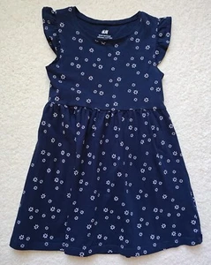 H&M Girls Basic Organic Cotton Dress Ruffle Sleeve Blue W/White Flowers 2-4Y  - Picture 1 of 3