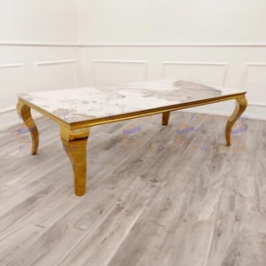 Modern Louis 1.3m x 0.7m Gold Coffee Table Cream Pando Marble for Living Room - Picture 1 of 8