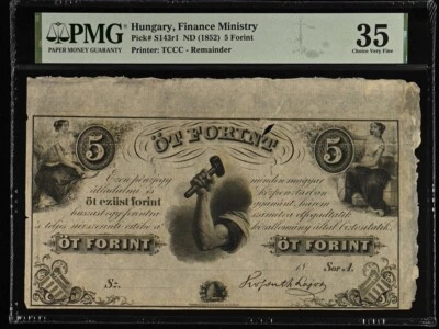 Hungary 5 Forint 1852 Pick# S143r1 PMG: 35 Choice VF. #PL2451 - Image 1 of 2