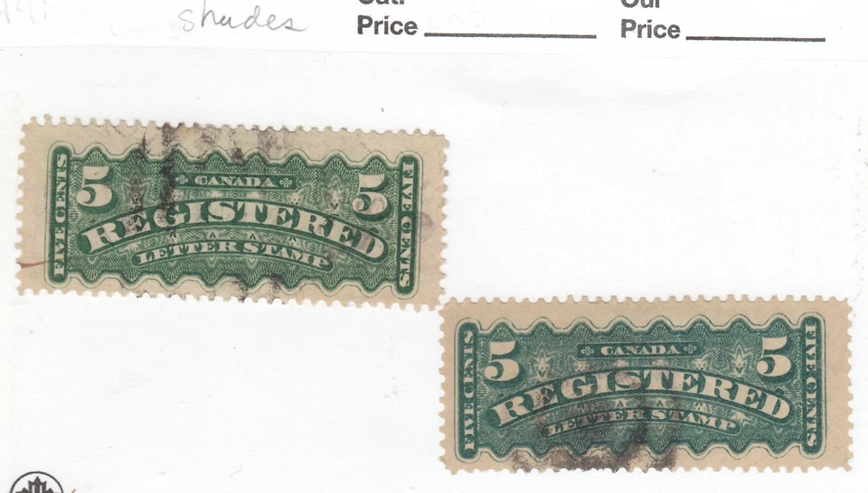 Canada: #F2 5c Blue/Green Registered Letter (x2) Shades Used - Image 1 of 1