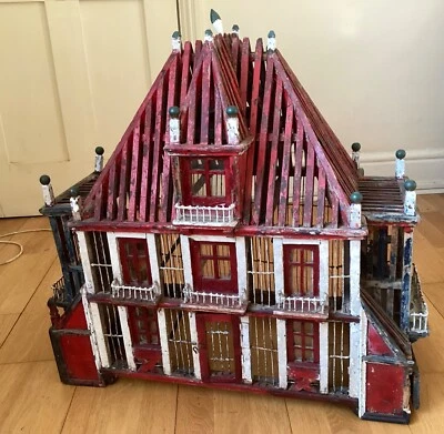 Jaula para pájaros eduardiana grande antigua de 27 pulgadas de ancho casa castillo c1905 Foto 1 de 4