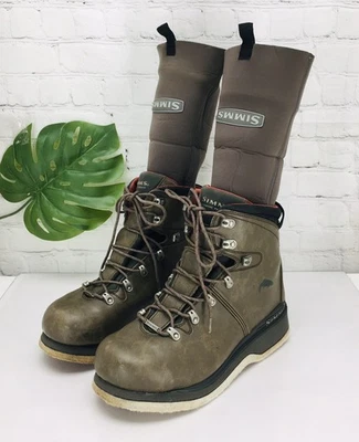 Simms Wading Fly Fishing Boots Green Leather Men’s 11 Felt Bottom/Neoprene Socks - Image 1 of 4