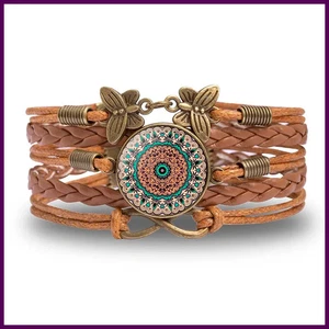 Pulsera envolvente vintage de cúpula de vidrio con flor de mandala marrón tejido multicapa - Imagen 1 de 25
