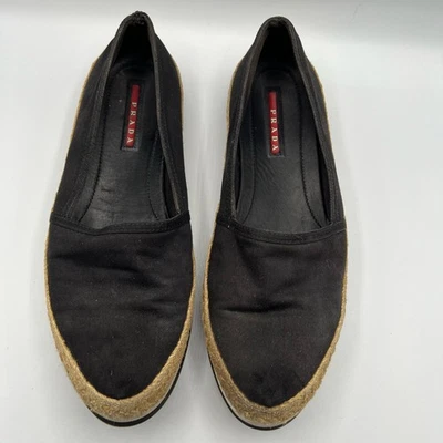 Mocasines Prada Sport sin cordones negros de lona de yute planos 39,5 EE. UU. 9,5 Boho Foto 1 de 4