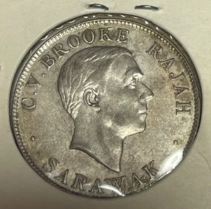 1927-H Sarawak 50 Cents Silver Coin Very Fine VF - Picture 1 of 2