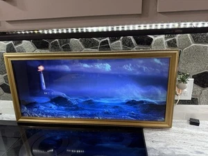 VINTAGE LIGHT UP SEASCAPE LIGHTHOUSE MOTION & SOUND FRAMED PICTURE 37x17 - Picture 1 of 5