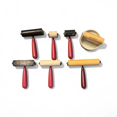 6 Speedball Deluxe Brayer Rollers + Baren  Block Printing Tools, Linocut Rollers - Image 1 of 4