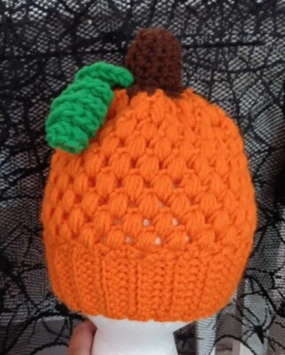 Crochet Orange PUMPKIN Halloween Fall Child  HAT BEANIE Custom New Kawaii OSFM - Image 1 of 4