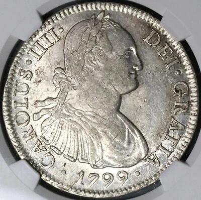 Moeda de prata 1799 NGC MS 61 México 8 reais Charles IV pilares coloniais 24102604C - Imagem 1 de 4