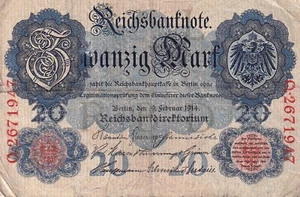 Currency Germany 1914 Reich Banknote Money 20 Reichsmarks Circulated Worn Poor R - Picture 1 of 2