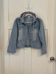 Women’s Short Jean Jacket Crop, Removable Gray Hood, Light Blue, Medium - Picture 1 of 2