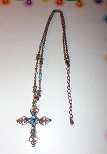 Collar Cruz Cristal Azul Multi Gema Vintage Avon Tono Dorado 18"-21" Cadena - Imagen 1 de 3