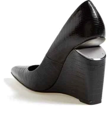 $595 Alexander Wang Ine Embossed Wedge Heel Rhodium Black Leather Cutouts - Image 1 of 4