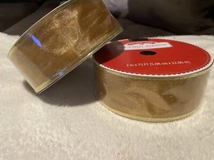 2-Gold Sheer Shimmer Wired Ribbon 2 Inch X 75 Feet,Metallic Edge Christmas. New - Picture 1 of 5