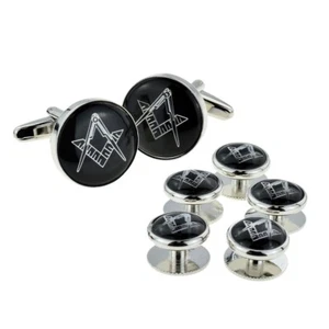 Black & Silver Enamelled Masonic Cufflinks & 5 Button Stud Set X2AJ316A - Picture 1 of 1