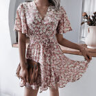Womens Floral Ruffle Sleeve Belted Mini Dress Ladies Summer Holiday Sundresses
