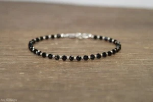 Black Spinal Faceted Round & Silver Filled Beaded Adjustable Woman Bracelet 6-9" - Picture 1 of 8