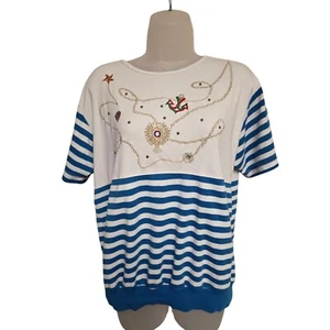 Vintage Nautical T-Shirt Embroidered Anchor Striped Top Short Sleeve Size L - Picture 1 of 6
