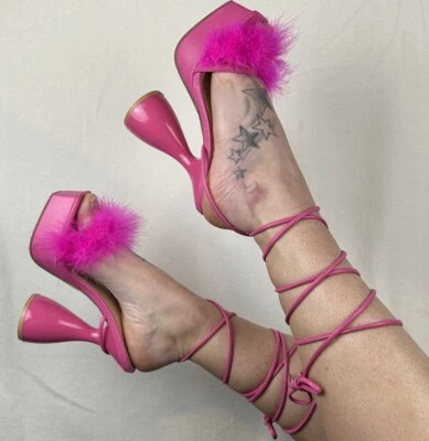 Sexy Sandalias de Piel Esponjosa Rosa Tacones Altos Tirantes Atar Gladiador Fiesta Zapatos Nuevos Foto 1 de 4