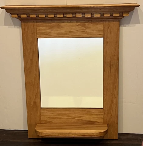 Vtg Oak Wood Mirror Mission Crown Federal Pier Style Shelf Solid Cover