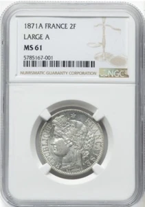 1871 A France 2 Francs Silver NGC MS61 - Large A - CERES - Uncirculated Beauty! - Picture 1 of 4