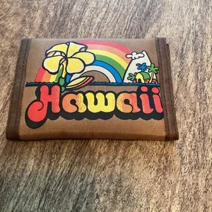 Vintage Hawaii Rainbow Waves Bifold Nylon Wallet Hook And Loop Writing On Inside - Picture 1 of 3