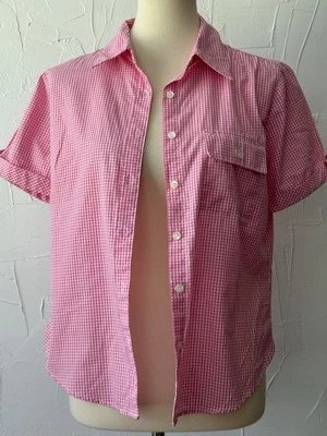 Women’s Blouse Pink Gingham Short Button Sleeve, No Iron Cotton Blend S, BasicEd - Image 1 of 4