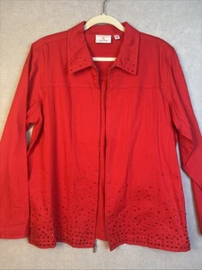 Quacker Factory Jacket Large Jeweled Red Cotton Denim Full Zip Collared Holiday - Picture 1 of 7