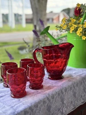 Vintage Pitcher & Set 4 Anchor Hocking Ruby Red Georgian Honeycomb Glasses 3" - Image 1 of 4