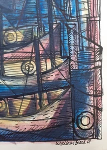 20th C vintage art 'Harbour Sunset ' ink and watercolour William Black - Picture 1 of 3