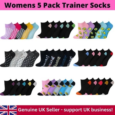 Paquete de 5 calcetines de entrenamiento para mujer tobillo deportes trabajo algodón ricos lisos estampados 4-7 Foto 1 de 4