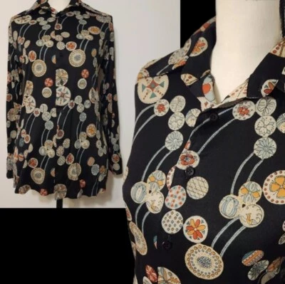 Vintage 70s Horizon Dagger Collar Nylon Novelty Print Top SZ S/M  disco Op Art - Image 1 of 4