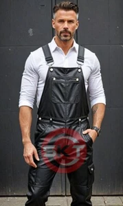 Men's Genuine Soft Leather Black Bib Overall Dungaree Jumpsuit Suit Uniform Dres - Picture 1 of 4