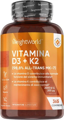 Vitamina D3 K2 Vegana All-Trans MK-7, 1 al Giorno, Vit D 2000UI + 200μg di Menac - Immagine 1 di 4