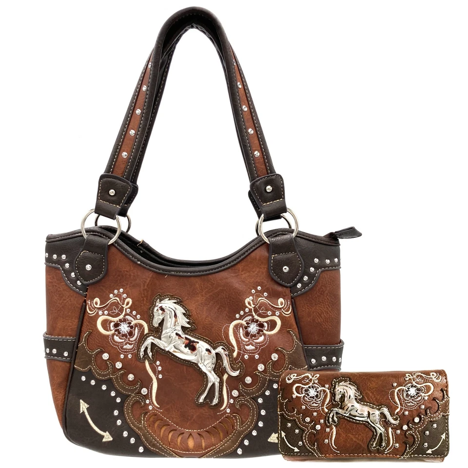 Marrón Western Horse Mujeres Oculto Llevar Grande Bolso de Mano Cartera Conjunto Cartera Foto 1 de 1