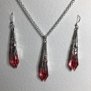 ROSE PINK FACETED 7CM VICTORIAN STYLE EARRINGS SILVER P FILIGREE PENDANT SET - Picture 1 of 8