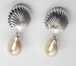 Vintage Muschel und Kunstperlen Tropfen Clip auf Ohrringe silberfarben New Old Stock - Bild 1 von 5