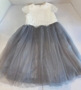 Flower Girl White Lace and Grey Tulle Dress Girls Size 6