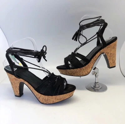 1990’s Does 40’s Talla 8.5 Negro Vegano Gamuza Puntera Abierta Cordones Corcho Plataforma Tacones Foto 1 de 4