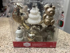 New Holiday Time 12 Shatterproof Christmas Ornament Glitter Golds Animals RARE - Picture 1 of 1