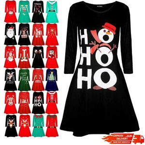 Women Ladies Christmas Ho Ho Ho Snowman Xmas Long Sleeve Flared Swing Mini Dress - Picture 1 of 50