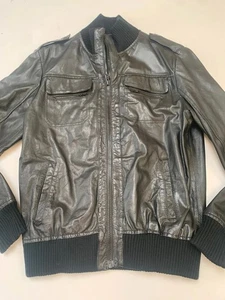 Jack & Jones real leather aviator Bomber jacket MENS large black - Picture 1 of 12