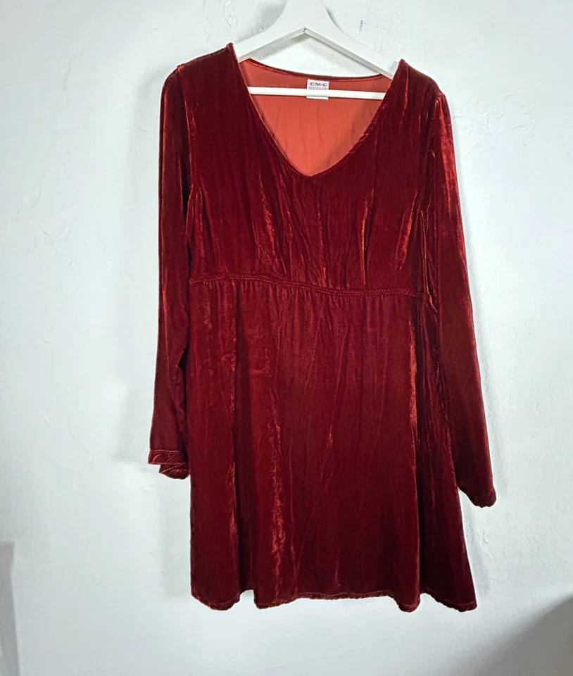 Mini vestido feminino C.M.C veludo vermelho manga longa médio mistura de seda casual feito nos EUA - Imagem 1 de 4