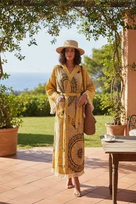 Bata larga kimono turco de lujo hecha a mano para mujer de algodón Foto 1 de 4