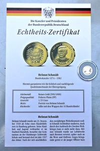 MEDAILLE: HELMUT SCHMIDT - BUNDESKANZLER 1974-1982, 1/25 oz 999 GOLD, PP, S39 - Bild 1 von 3