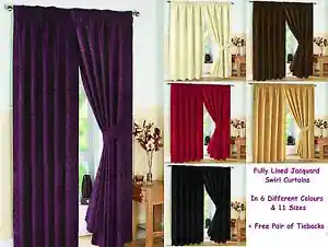 PAIR - PENCIL PLEAT - FULLY LINED JACQUARD SWIRL CURTAINS + TIE BACKS - Picture 1 of 7