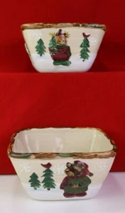 2 St Nicholas Square Heartland Square Cereal Bowls Embossed Cabin Scene Moose - Picture 1 of 8